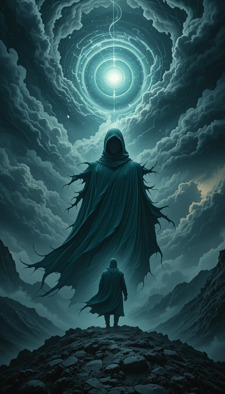 Heroic man in green cape under stormy swirling sky
