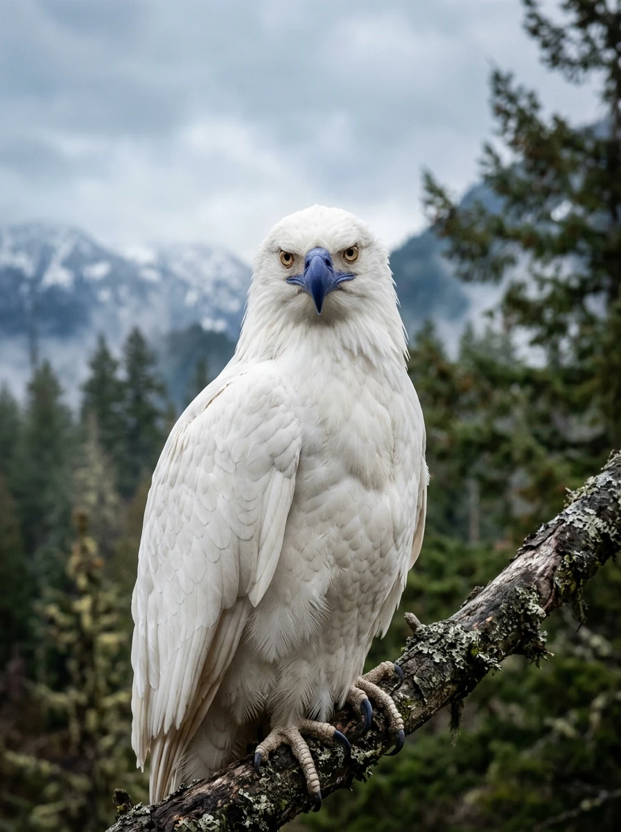 White eagle close up on a branch in mountain forest