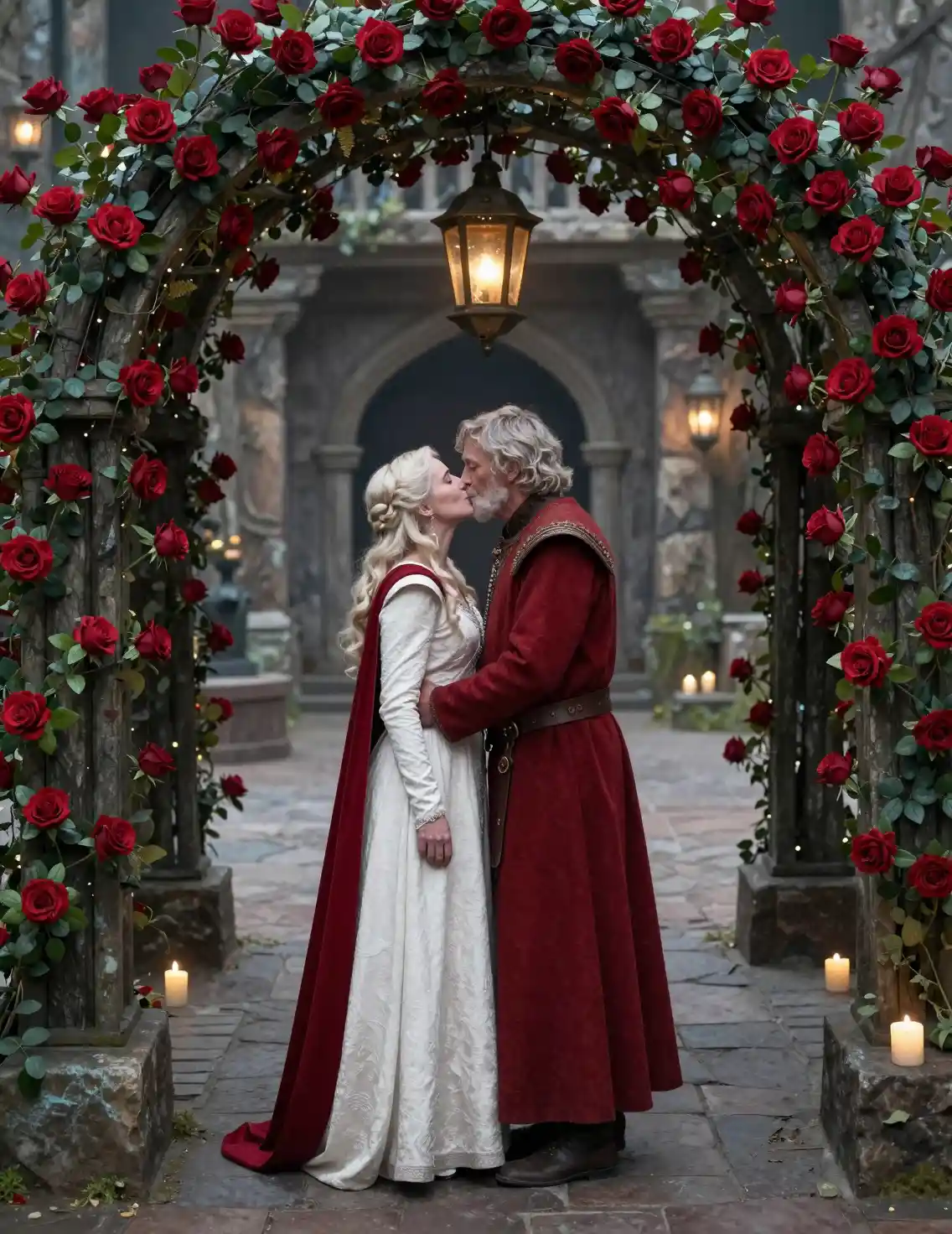 Older couple kissing under rose arch in fantasy plaza