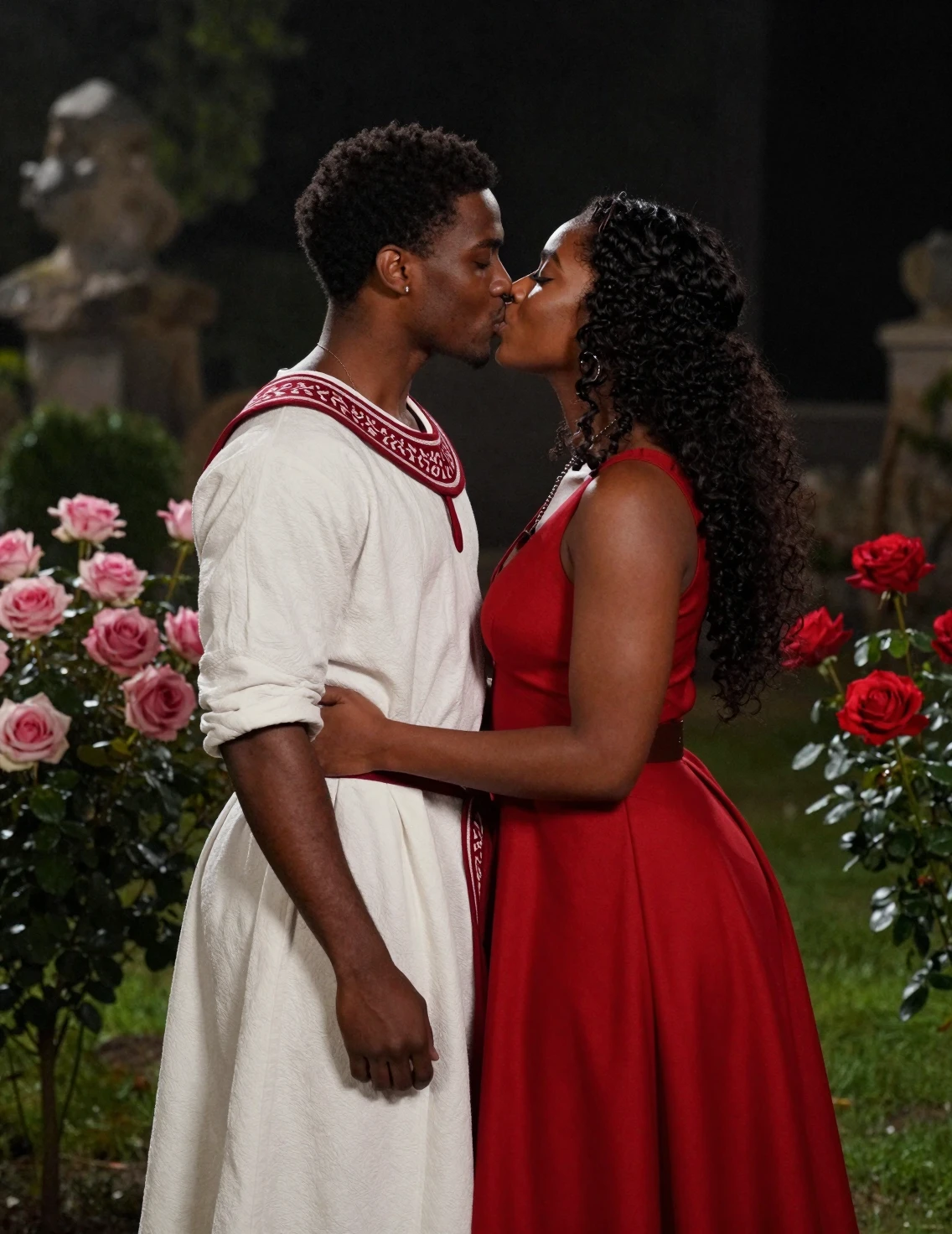African couple kissing in a fantasy rose garden at night