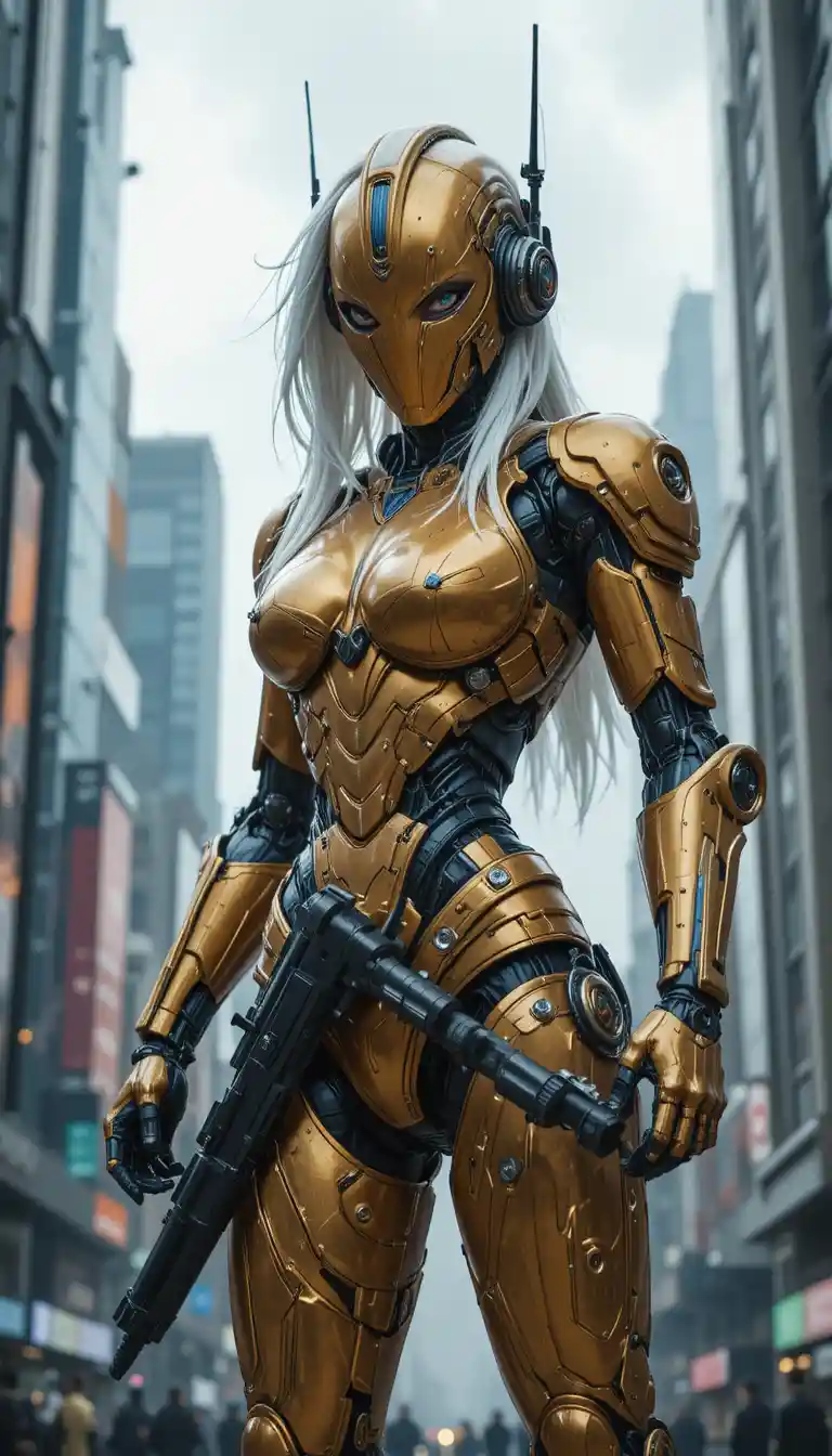 Futuristic armored woman with rifle in sci fi city
