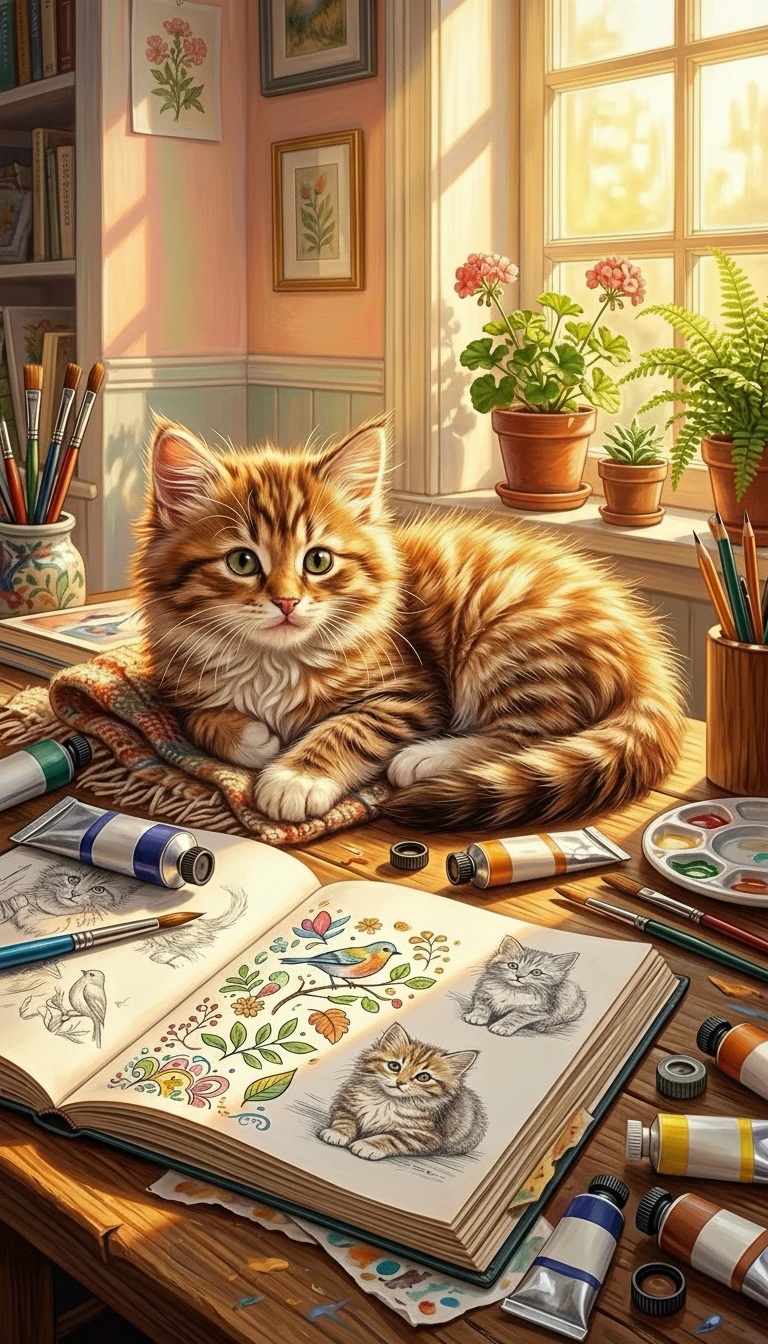 アーティストの机で暖かい日差しの中くつろぐふわふわ子猫