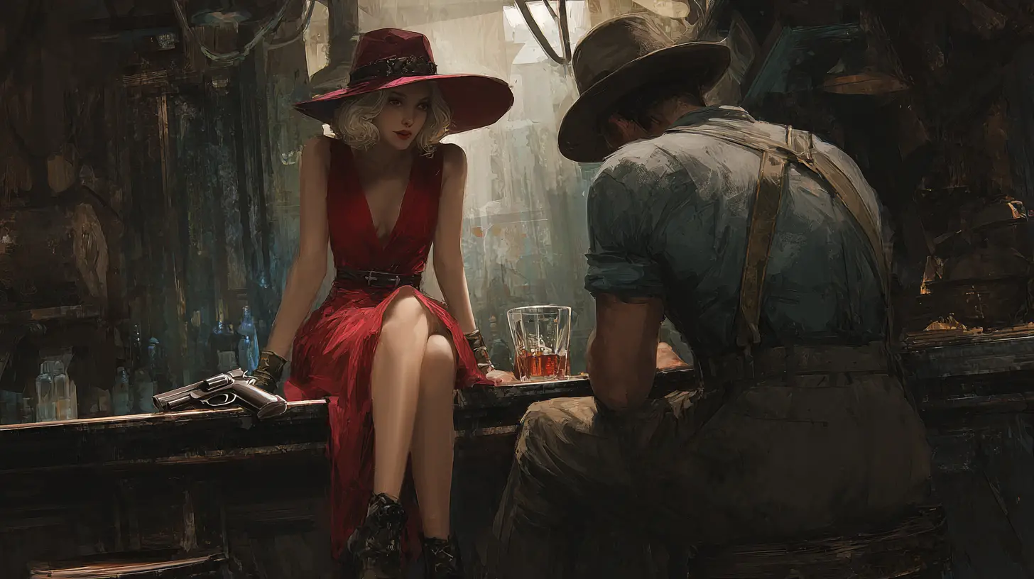 Mysterious blond woman in red dress at dim bar counter