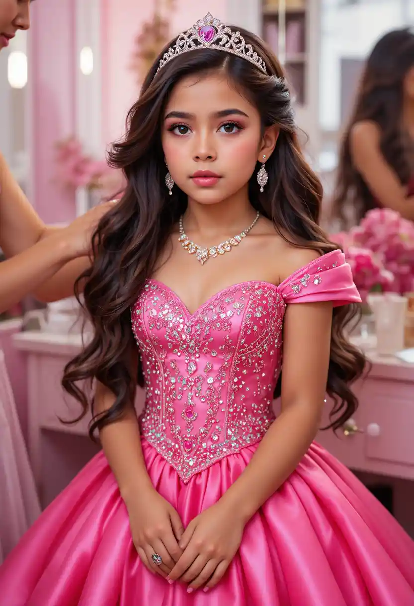 Young boy in hot pink princess gown at vanity