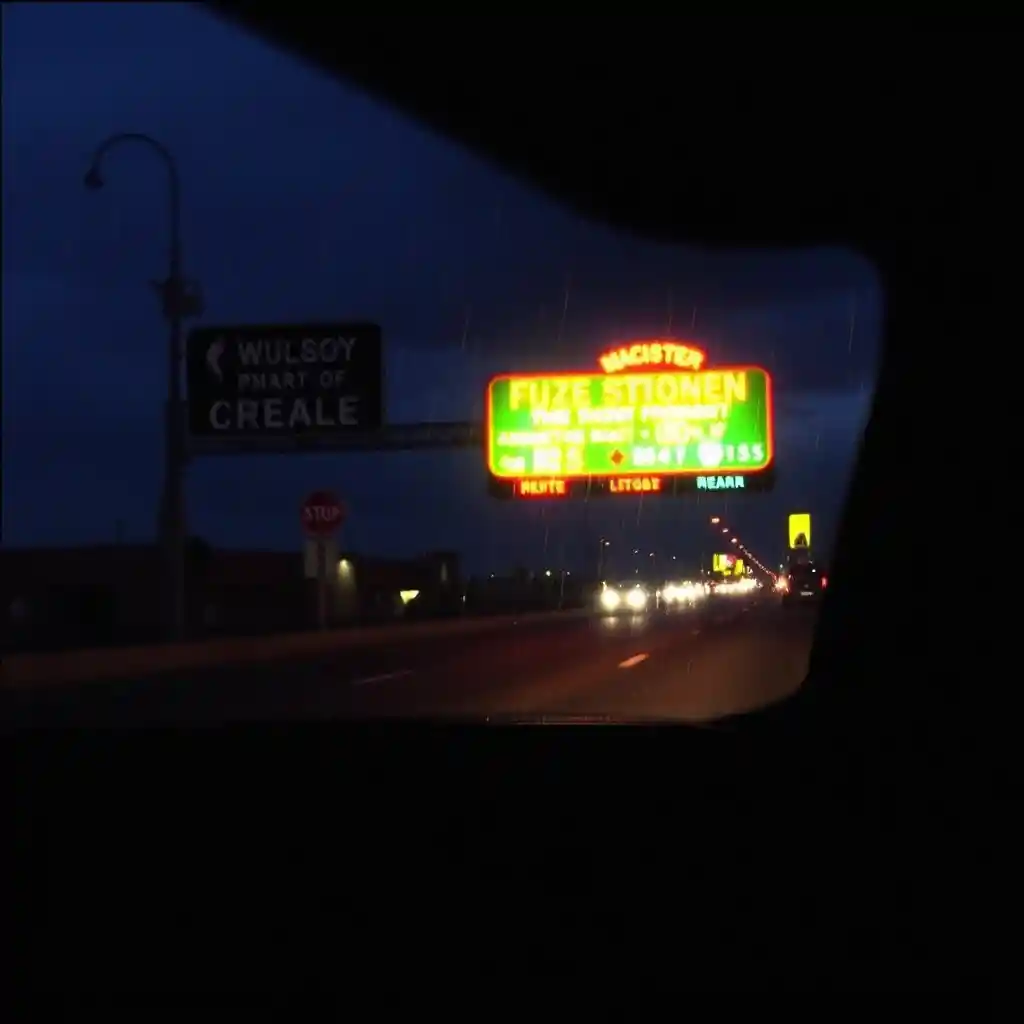 Lonely night drive along a rain soaked highway