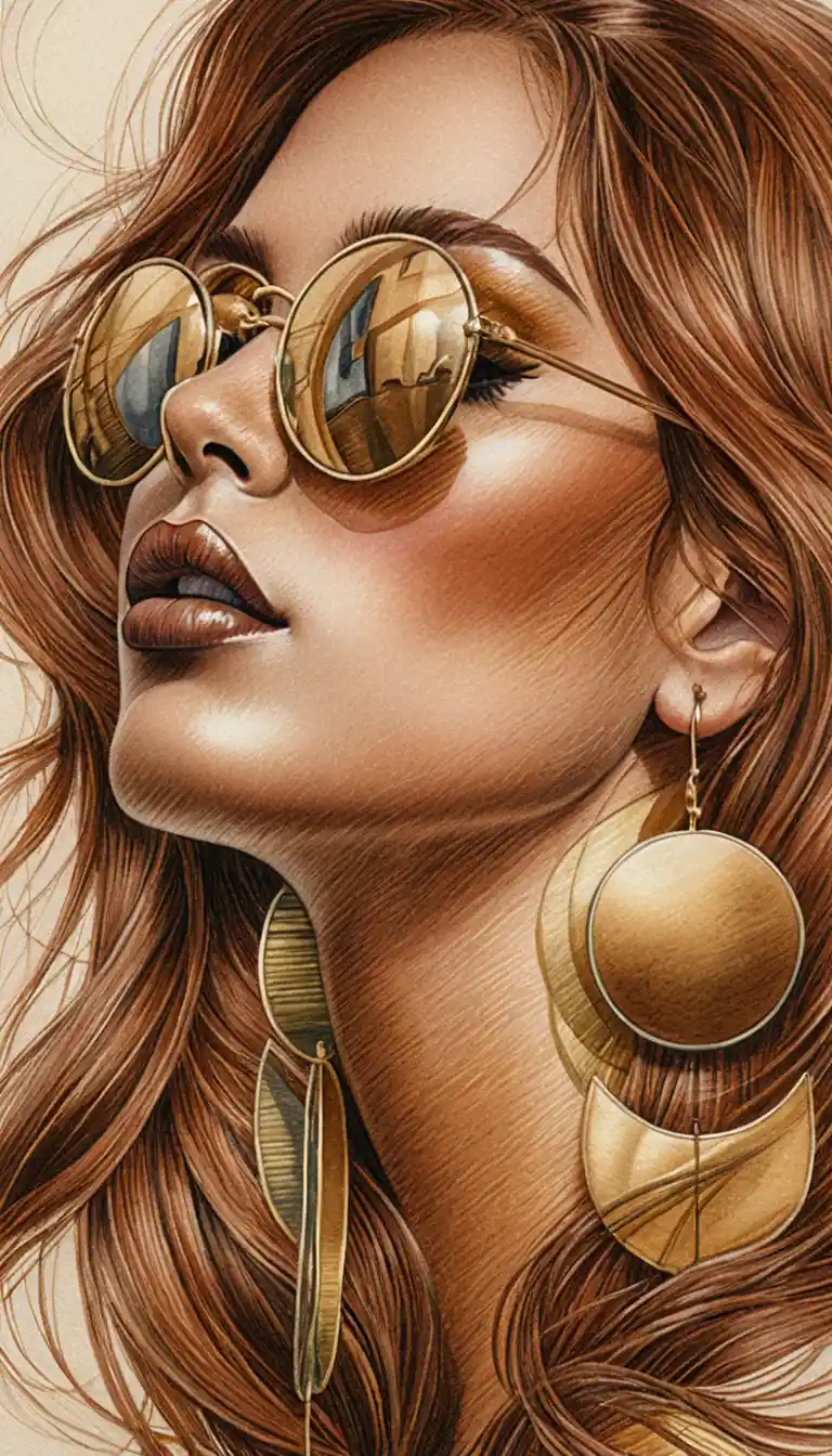 Elegant fashion sketch of a woman in profile with gold details