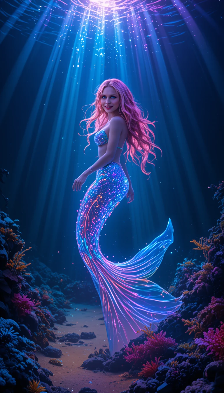 Joyful mermaid flipping through rainbow light in clear ocean