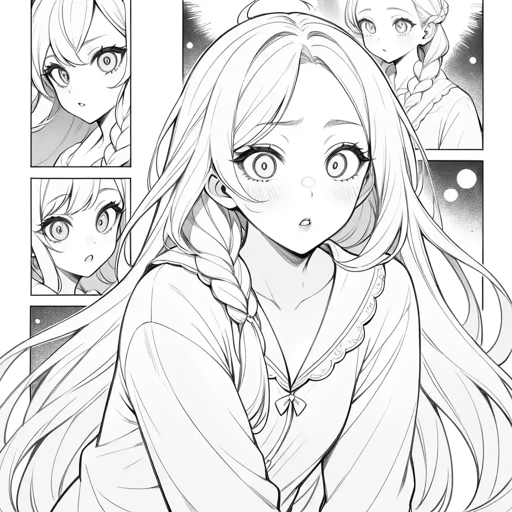 Anime girl in pajamas facing a magical mirror reflection