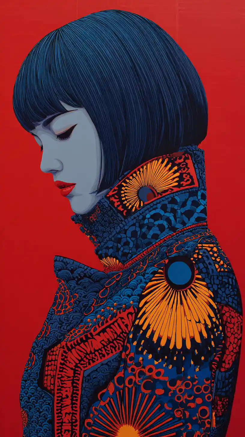 Ritratto stilizzato di donna con abito blu e rosso fantasia