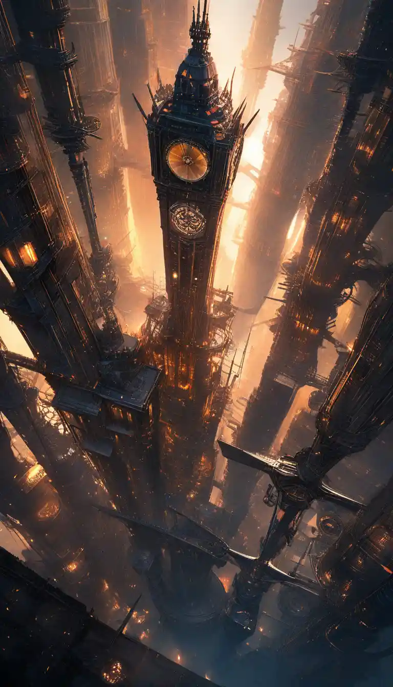 Maestosa metropoli steampunk vista da un imponente dirigibile
