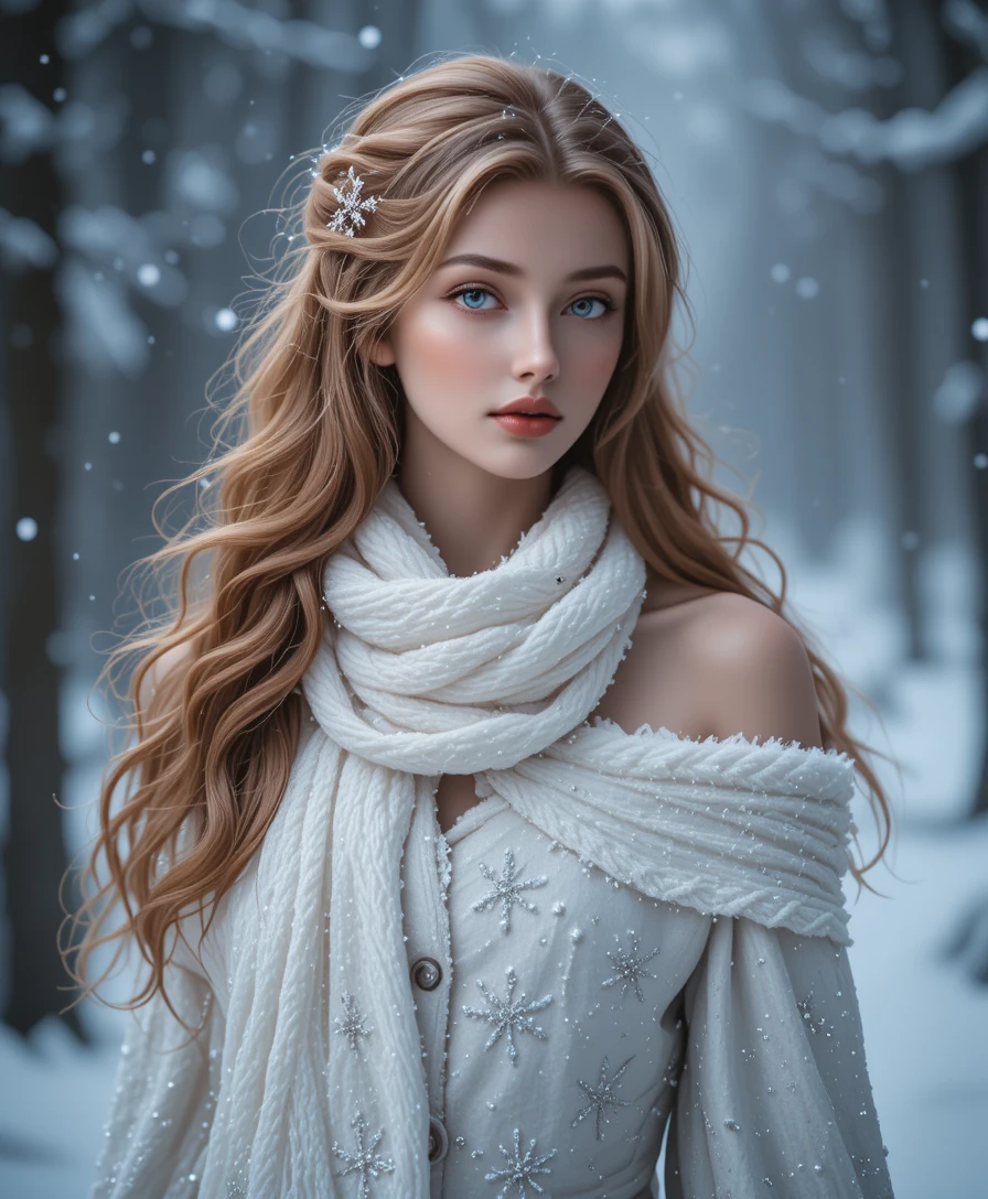 Smiling young woman in white coat in snowy forest