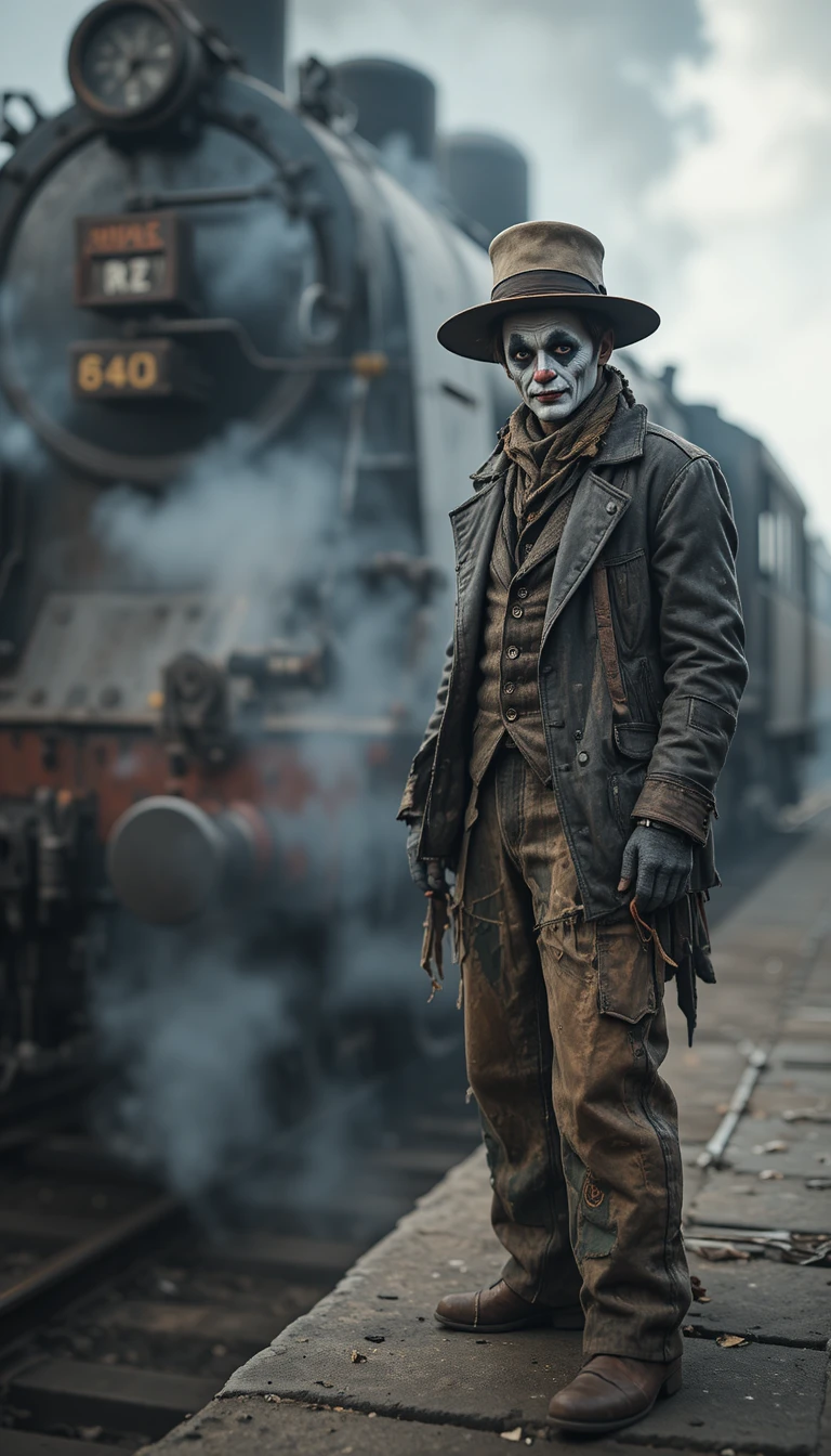 Obdachloser Mann mit Clownsgesicht auf Bahnsteig mit Lokomotive