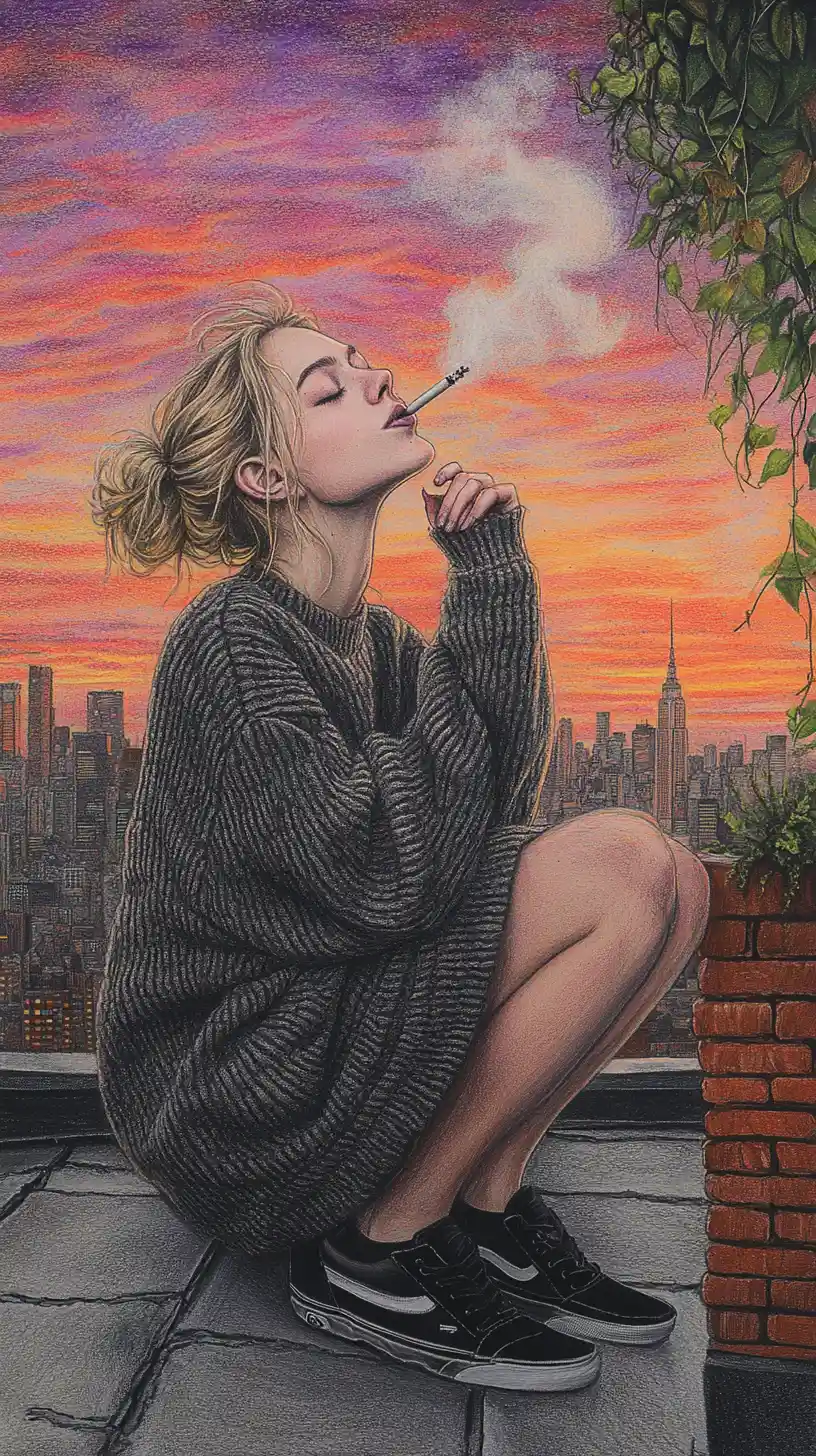 Woman smoking on a city rooftop at colored pencil sunset