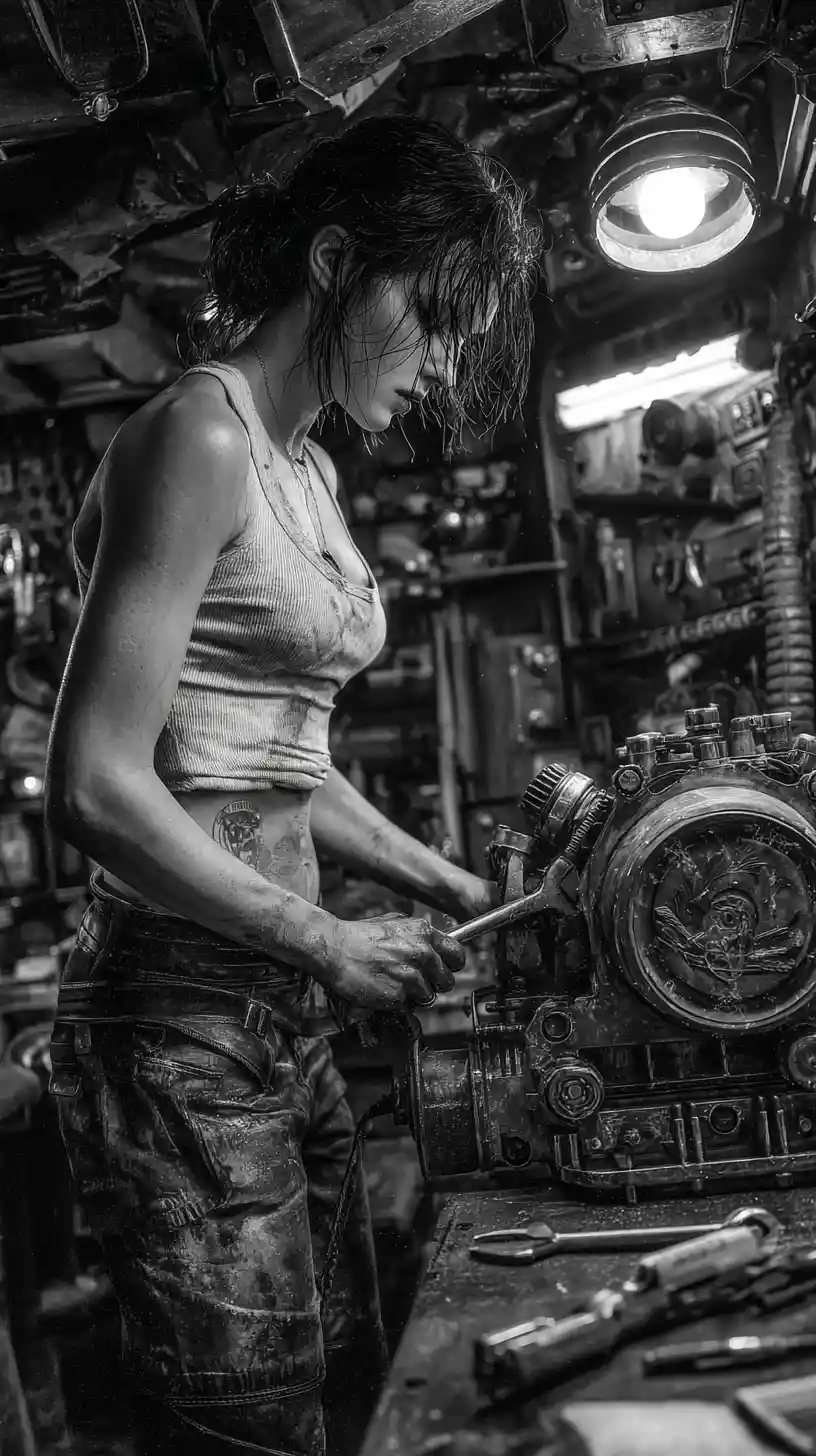 スチームパンク機械に集中する若い女性整備士