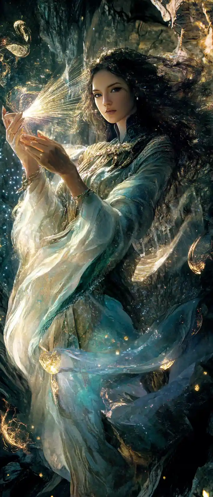 Ancient silk weaver spinning glowing celestial tapestry
