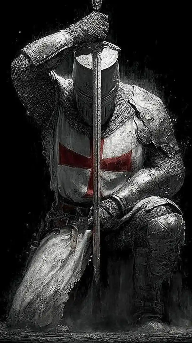 Templar knight descending in a brutal downward sword strike