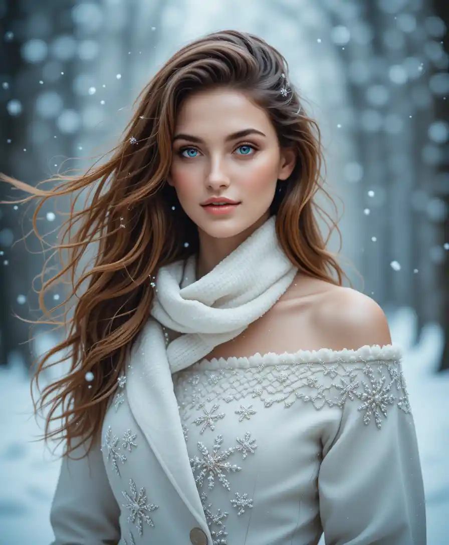 Elegante Frau im verschneiten Wald – Wintermode-Porträt