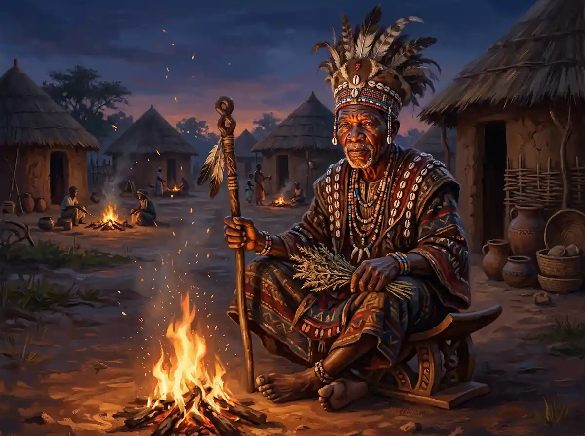 African shaman by fire in a traditional village dusk scene