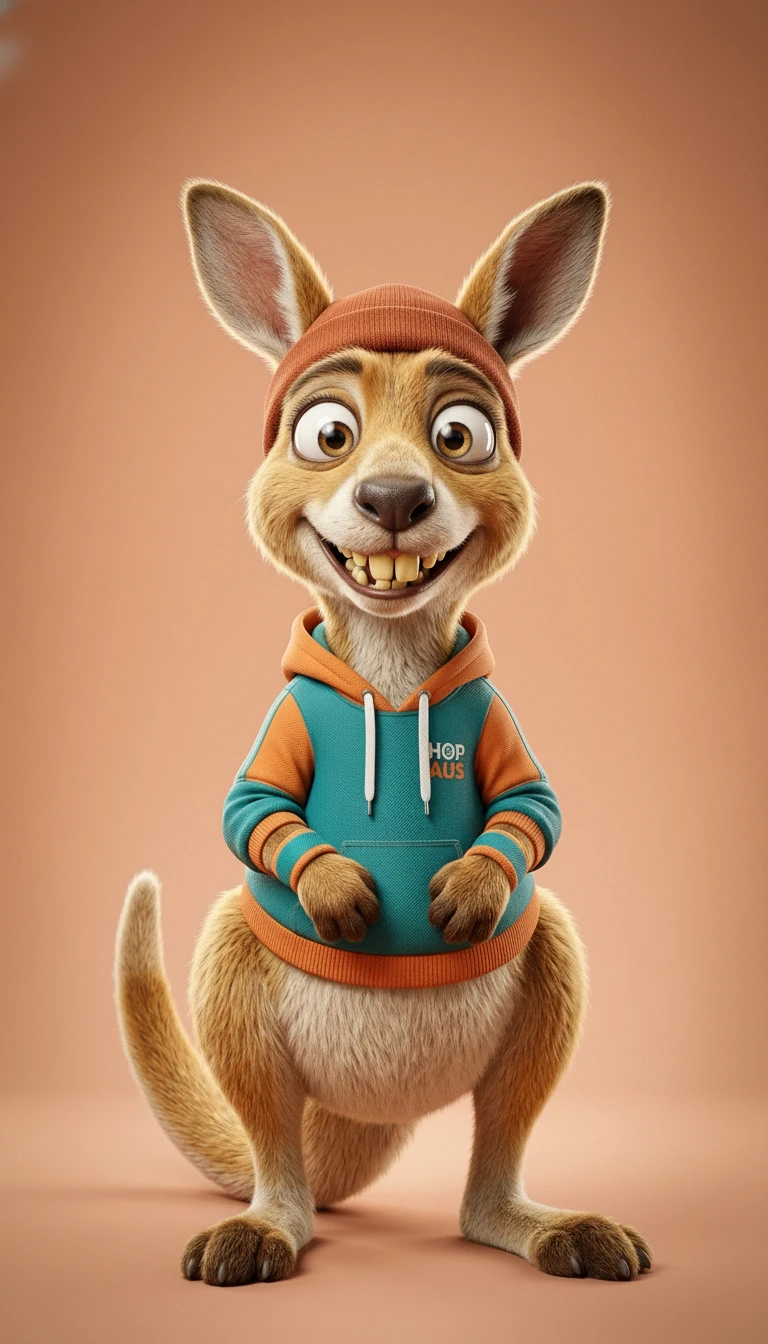 Playful 3D kangaroo character in sporty outfit studio portrait