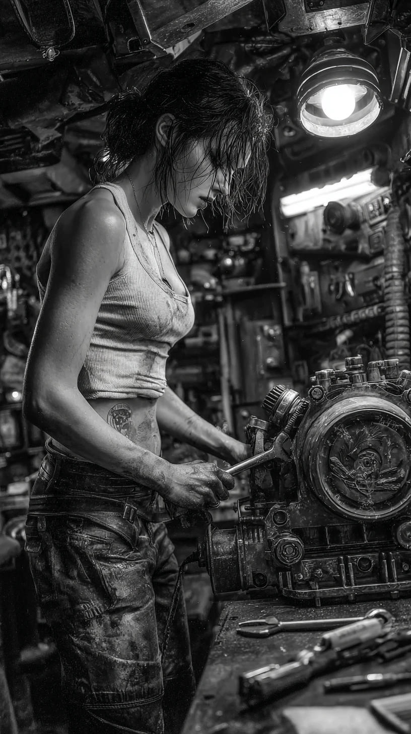 Young female mechanic focused on a steampunk machine