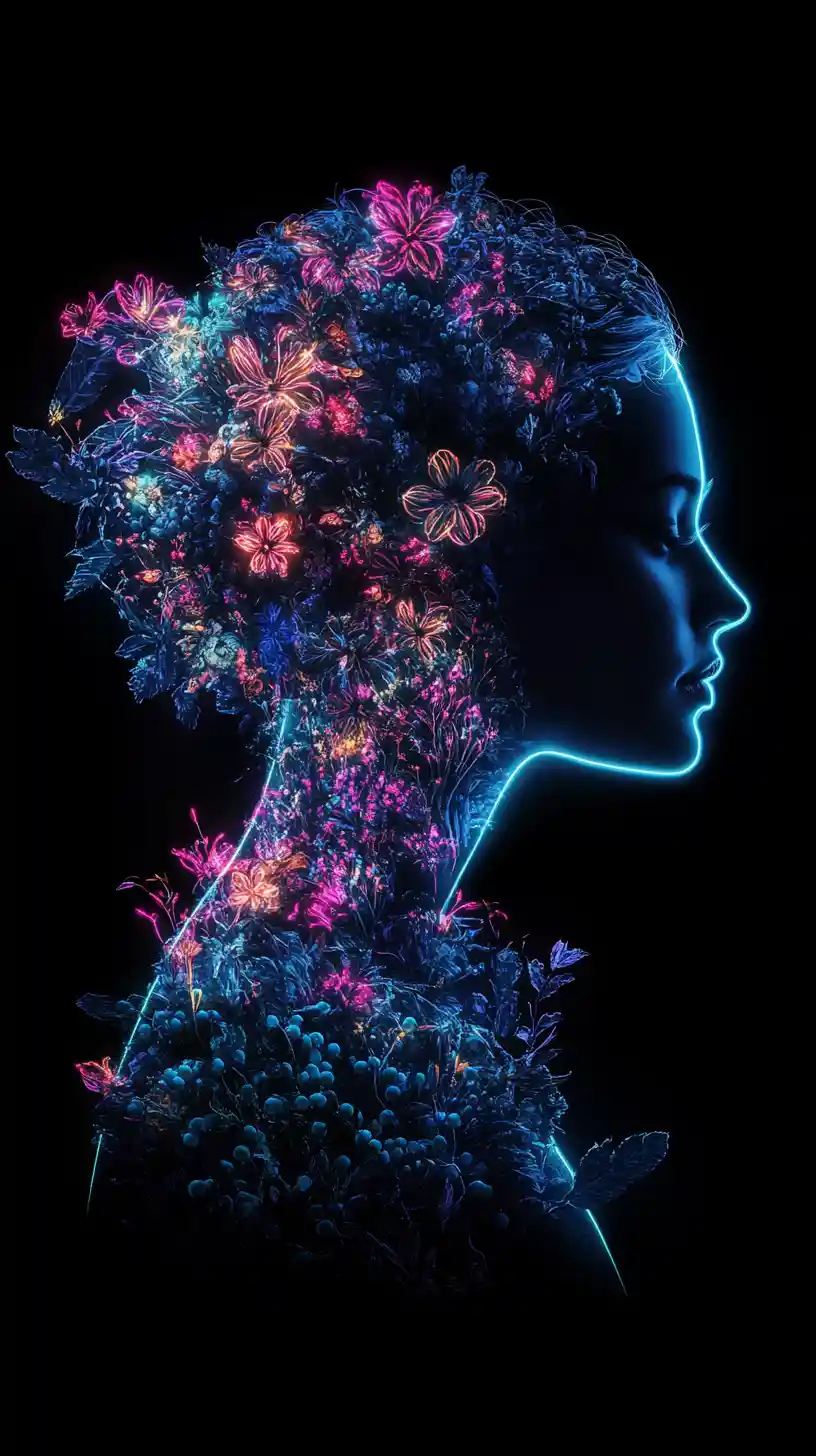 Neon floral woman silhouette glowing against black background