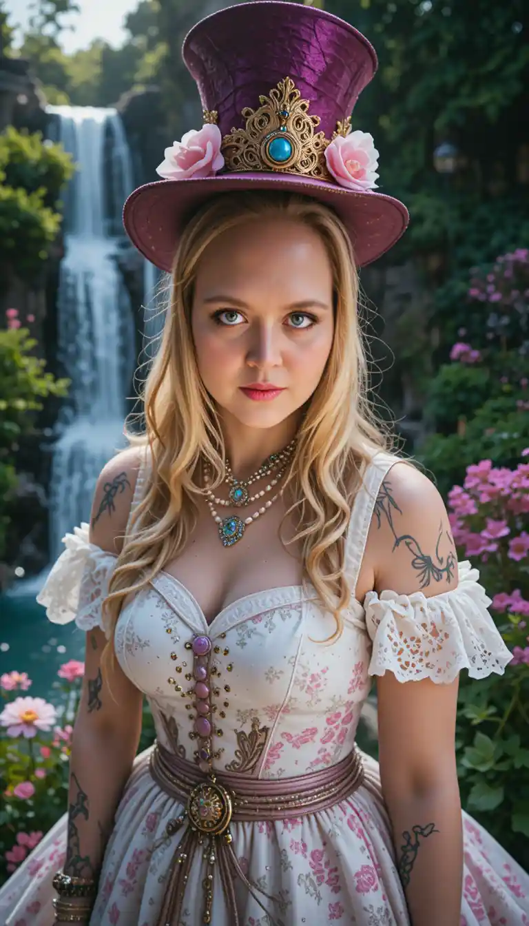 Fantasy woman in white dress in a whimsical garden