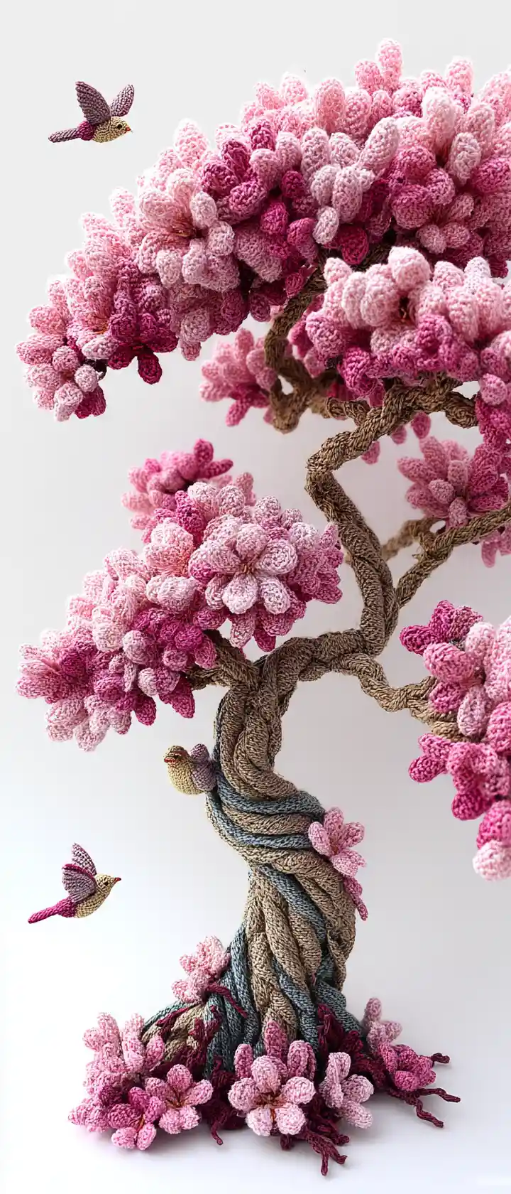Crocheted cherry blossom tree with tiny birds in soft light