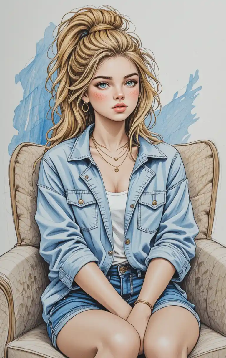 Young woman with freckles in denim outfit illustration