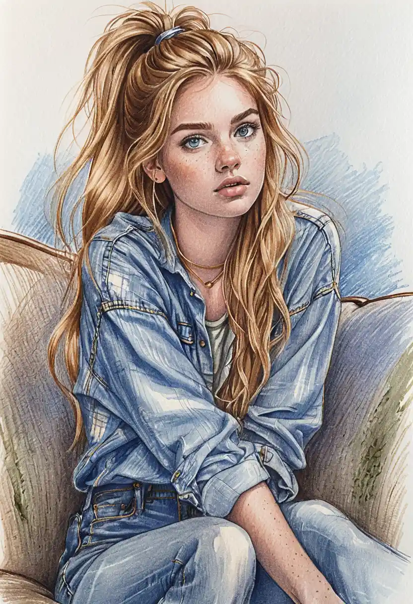 Cozy colored pencil portrait of a freckled girl