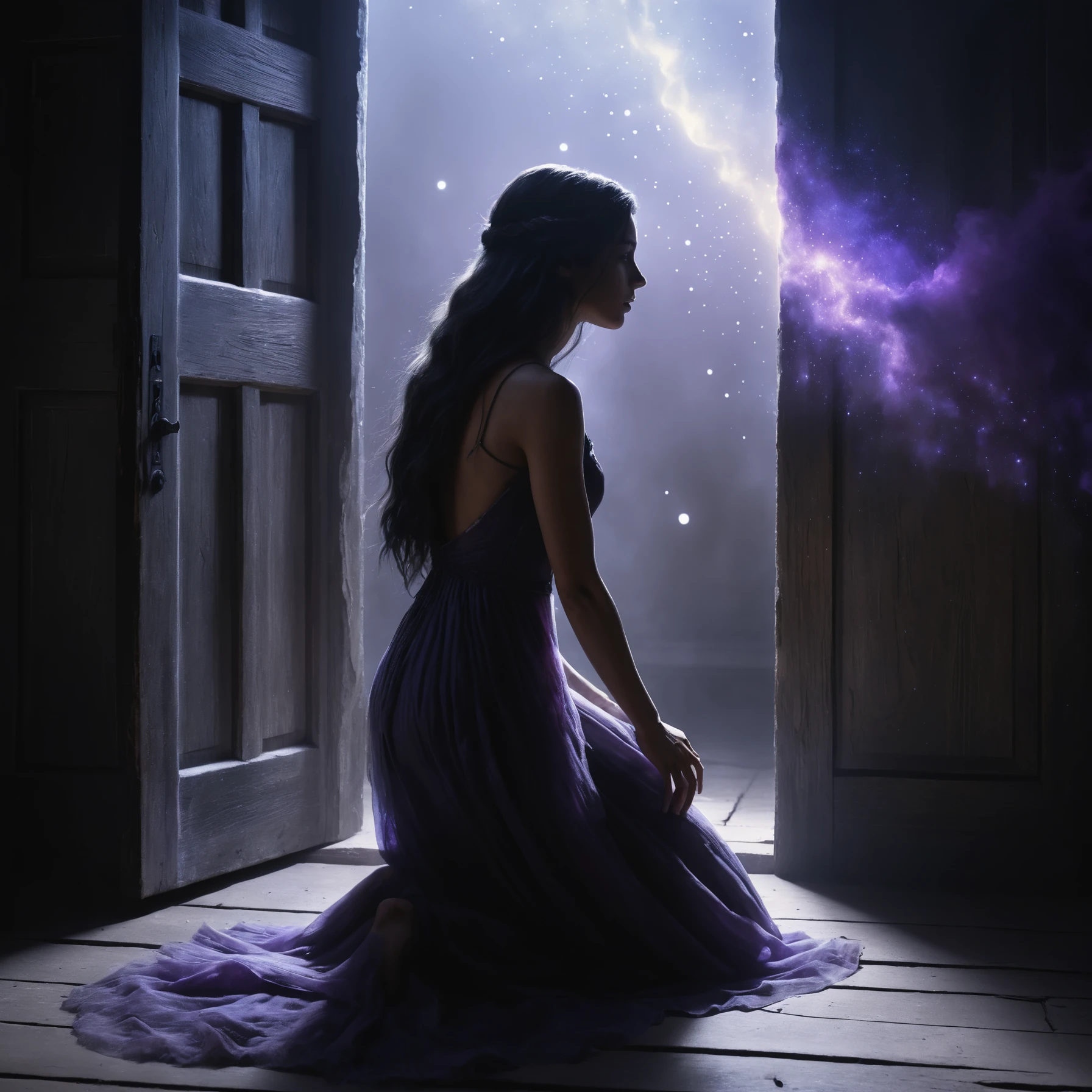 Kneeling woman by glowing door in swirling monochrome void