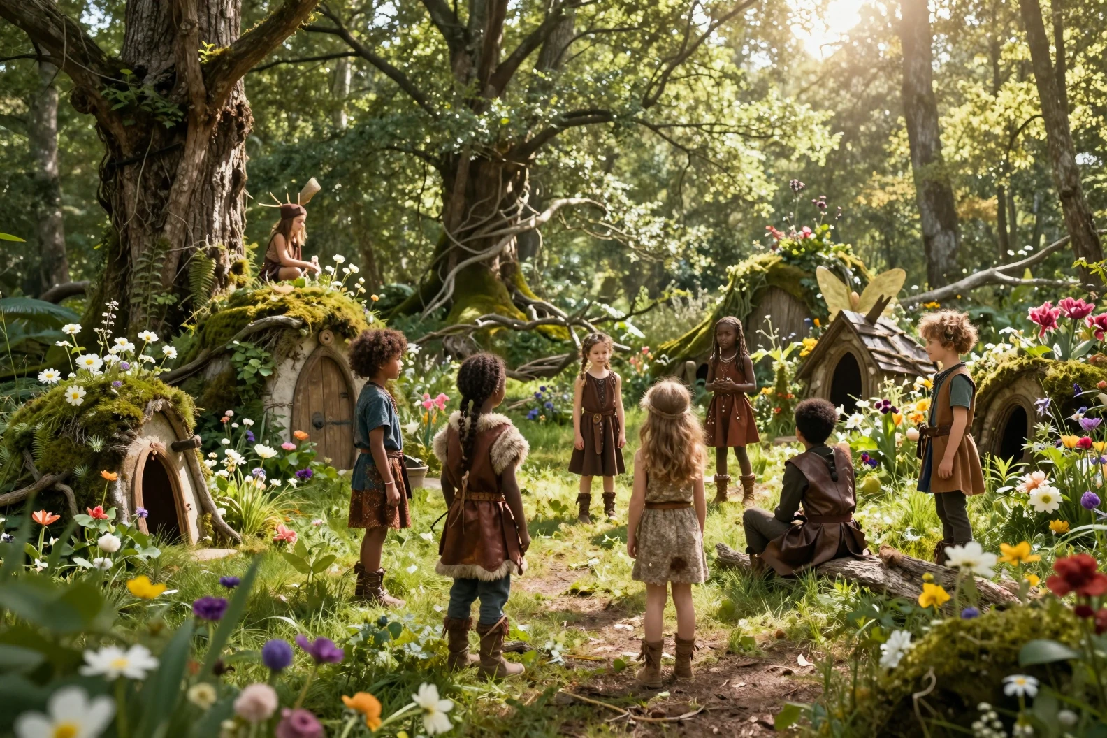 Children building tiny fairy houses in a sunny forest