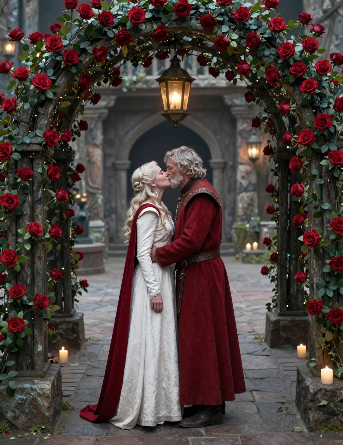 Pareja mayor besándose bajo un arco de rosas en una plaza de fantasía