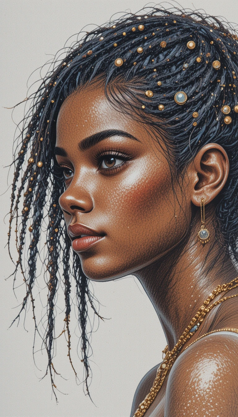 Retrato de menina africana com cabelo trançado em lápis de cor