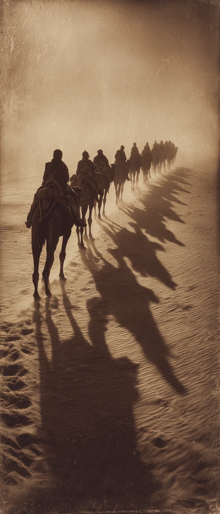 Camel caravan silhouettes crossing golden desert dunes at sunset