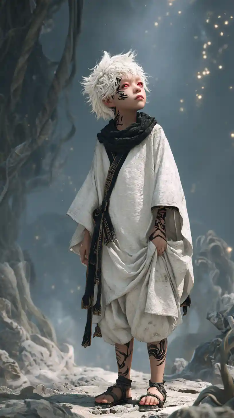 White haired anime boy in a mystical rocky wasteland