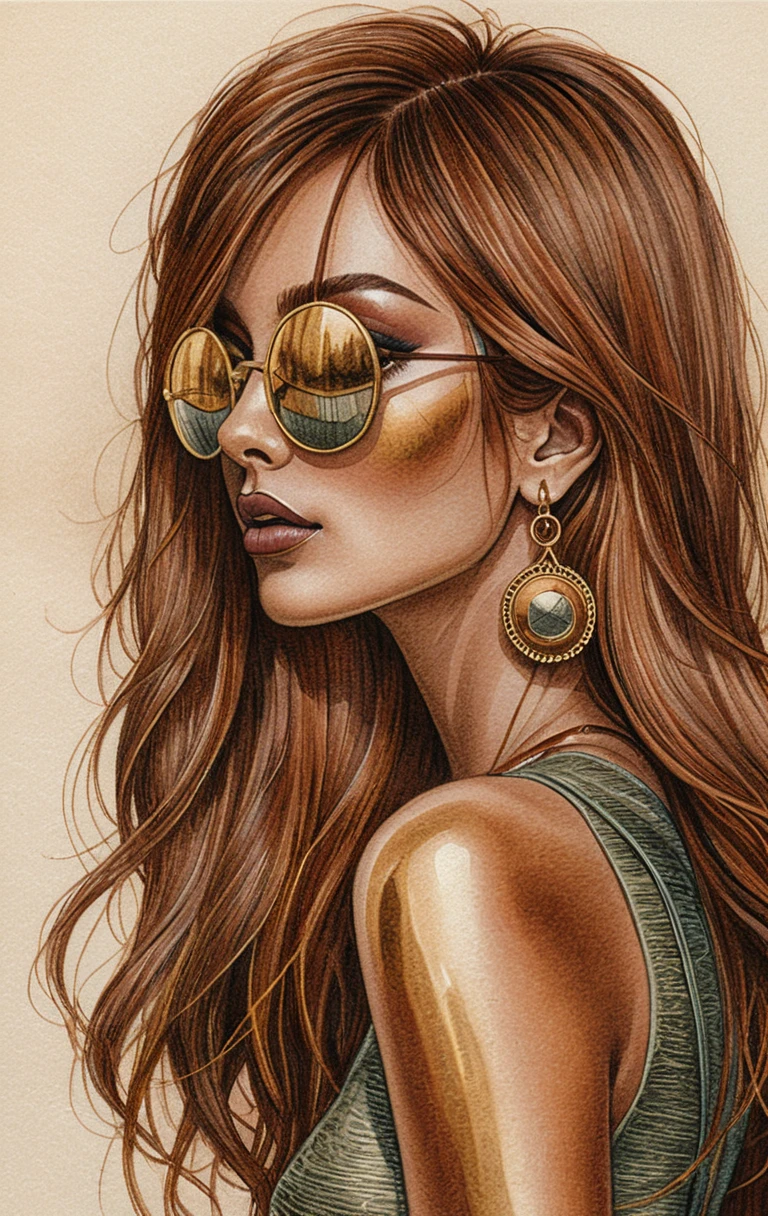 Esboço de moda elegante de uma mulher com óculos de sol espelhados