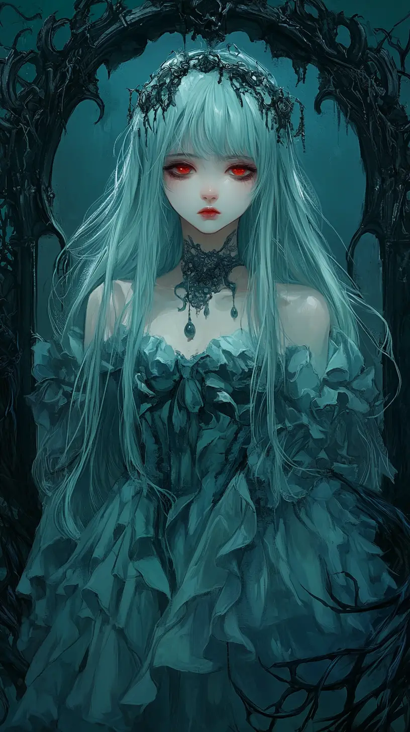 Anime girl in a gothic mirror with glowing turquoise hair