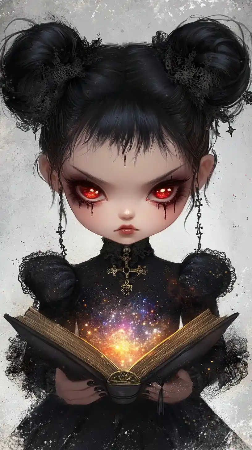 Chibi gothic girl with cosmic book and haunting gaze