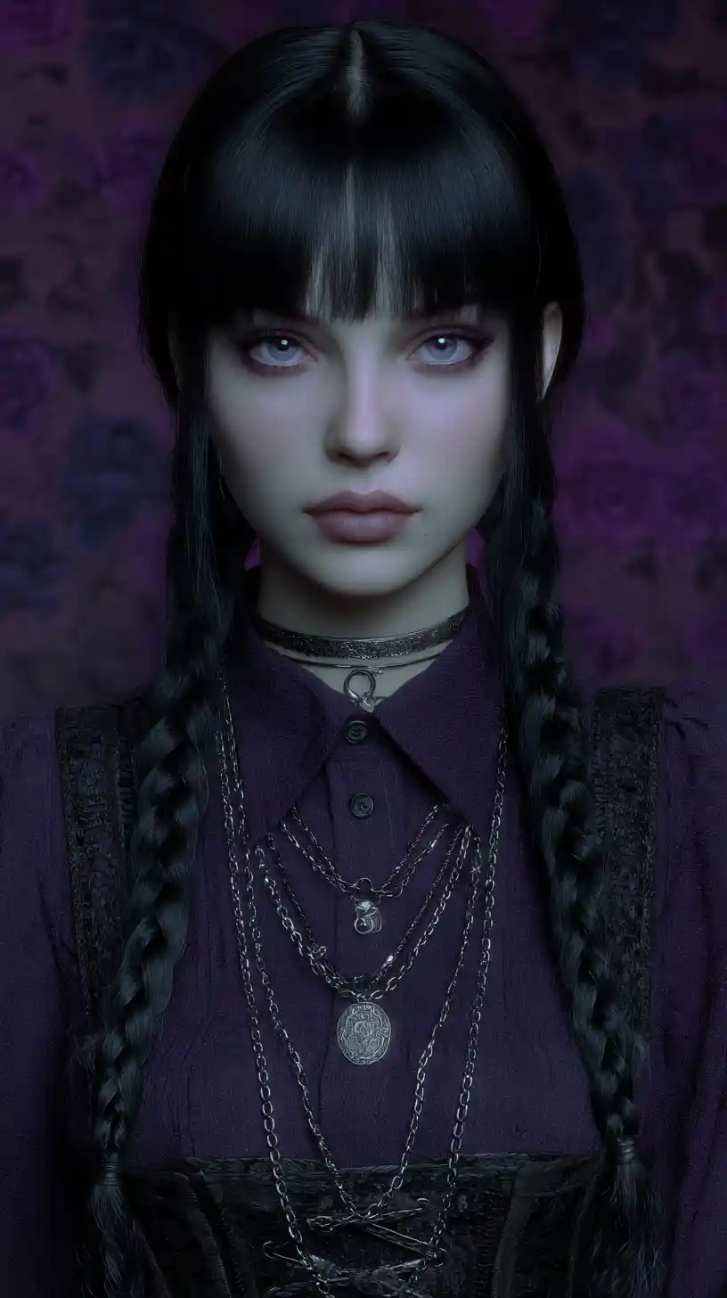 Dark gothic portrait of a braided girl in purple shirt