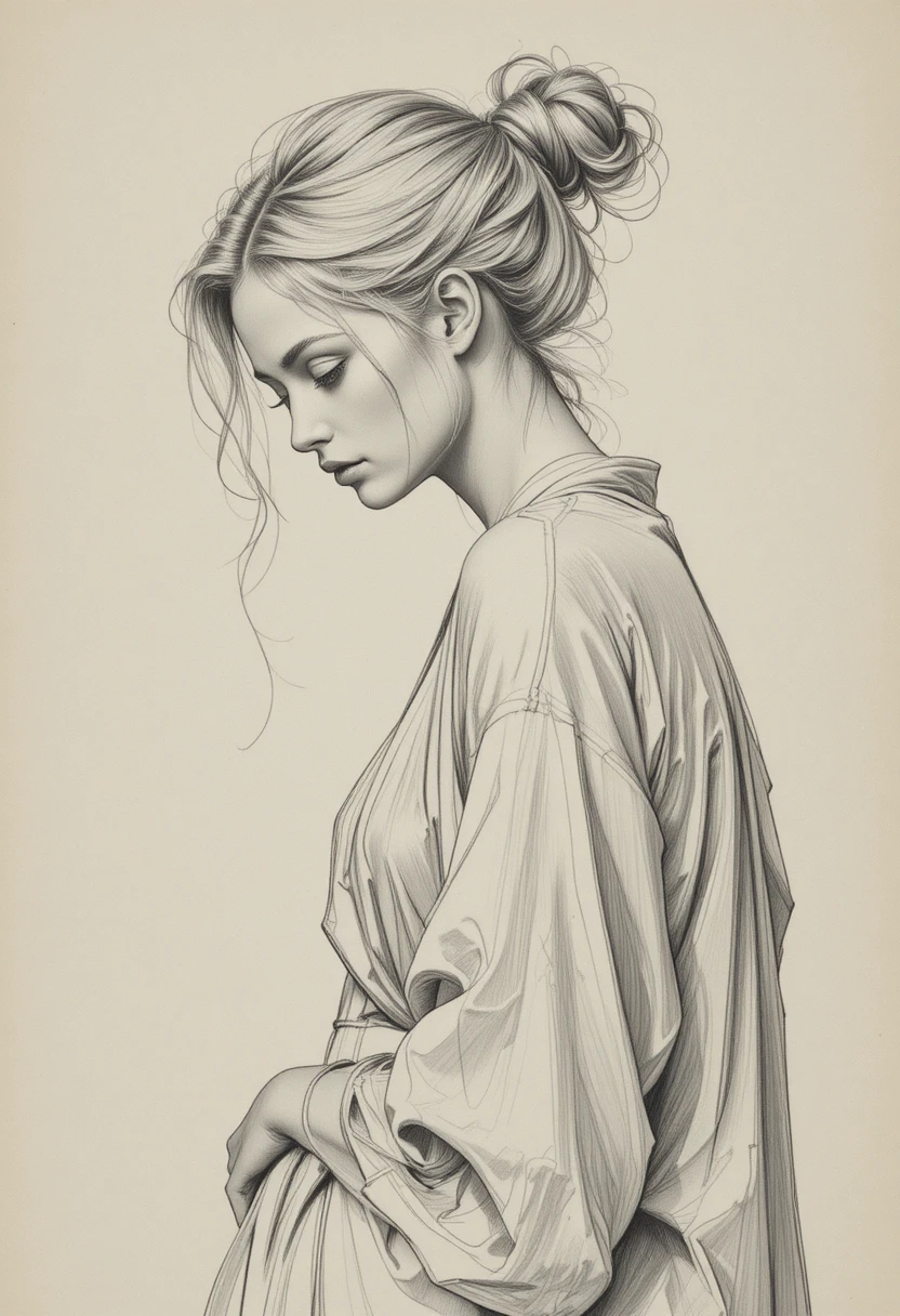Side profile pencil portrait of a melancholic young woman