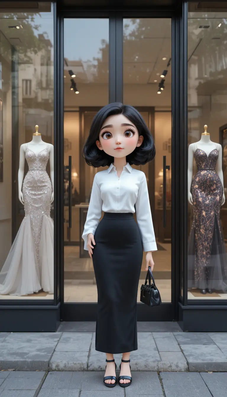 3D cartoon girl at boutique entrance in stylish outfit