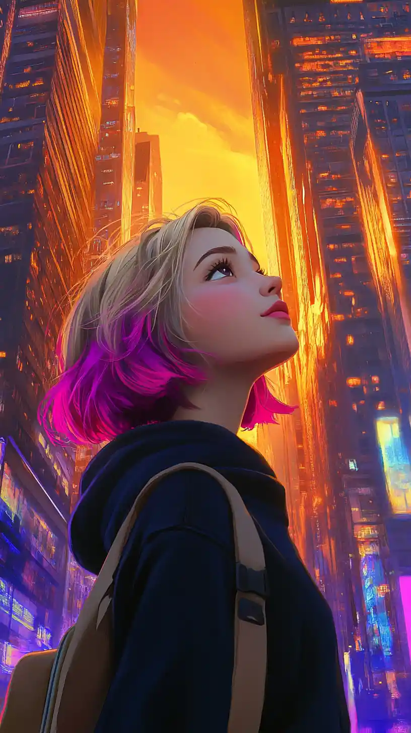 Anime girl in hoodie gazing up at a neon futuristic skyline