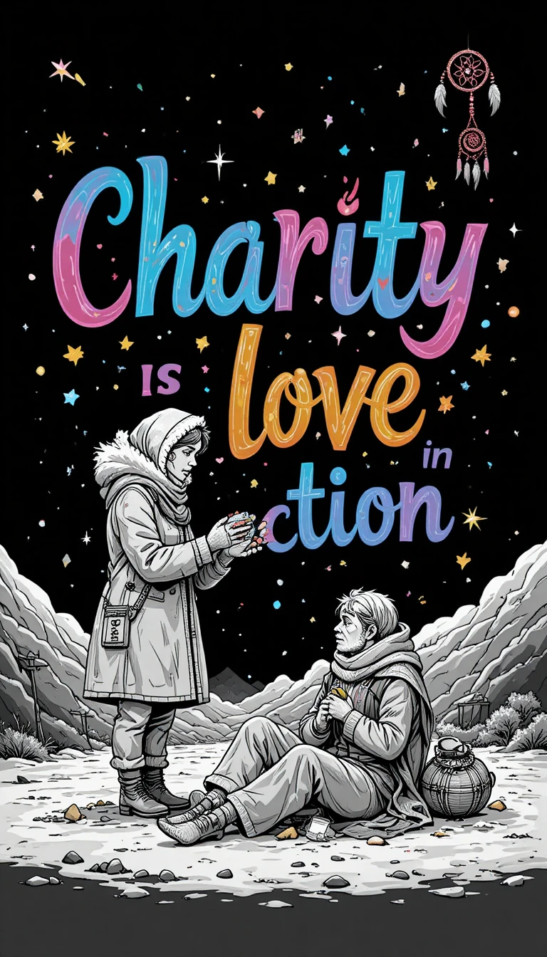 Compassionate woman helping a homeless man on a dark street