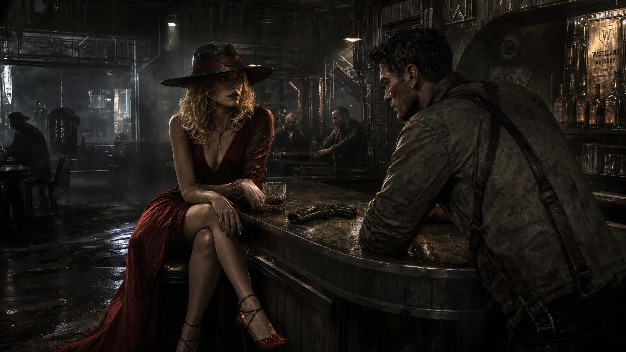 Mysterious woman in red at a dark noir bar