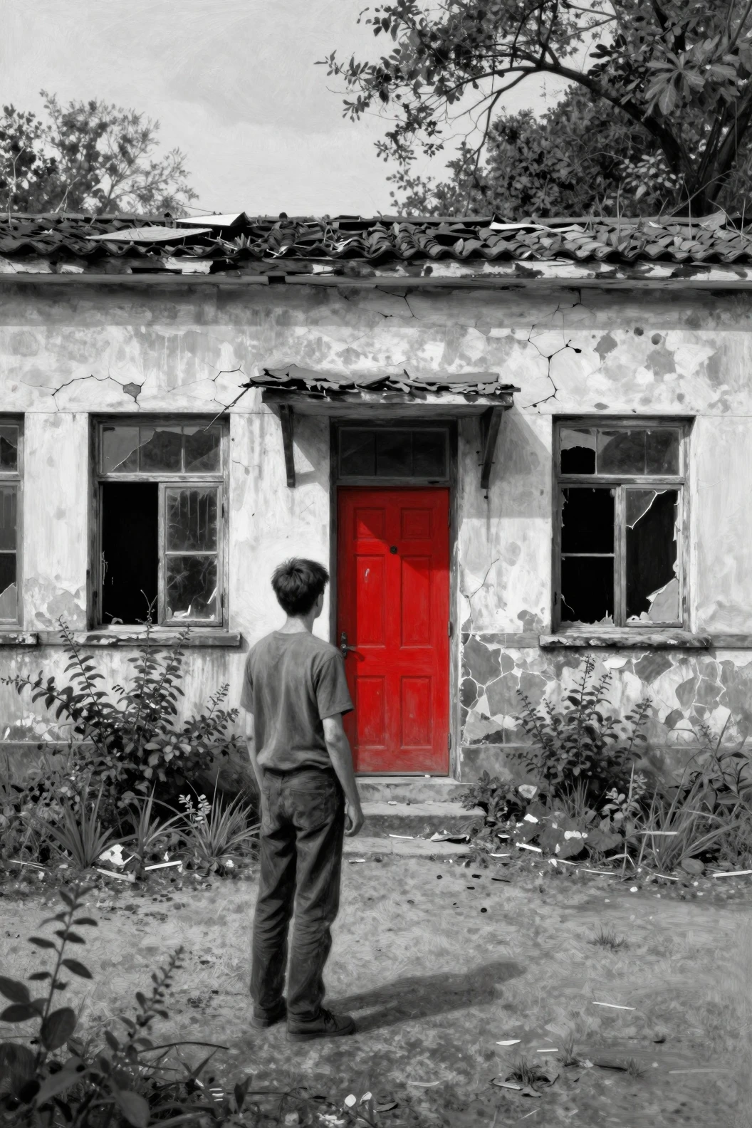 Boy at red door of decaying schoolhouse in monochrome painting