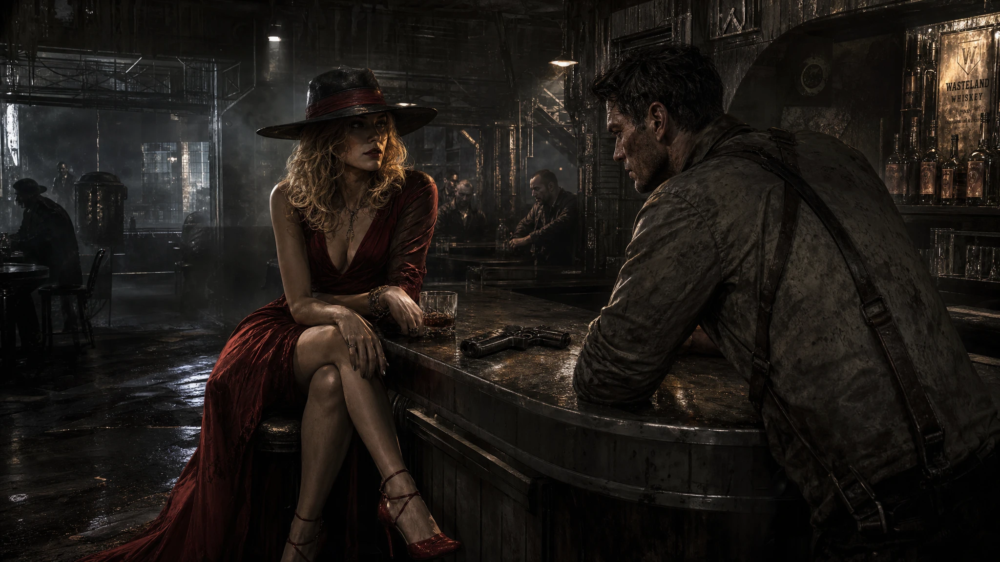 Mysterious woman in red at a dark noir bar
