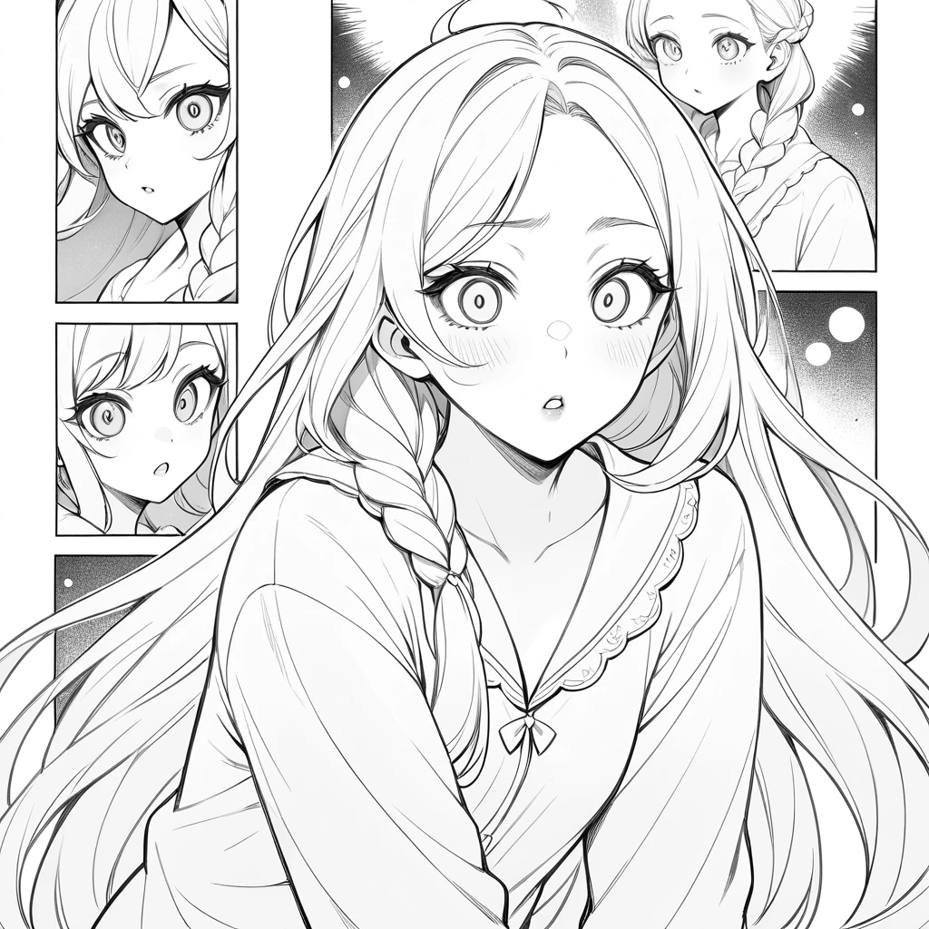Anime girl in pajamas facing a magical mirror reflection