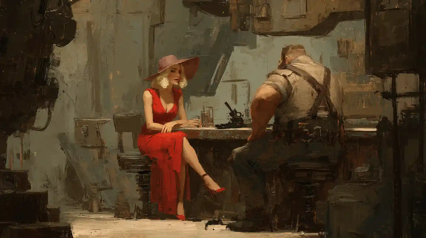 Blonde woman in red dress at noir bar counter
