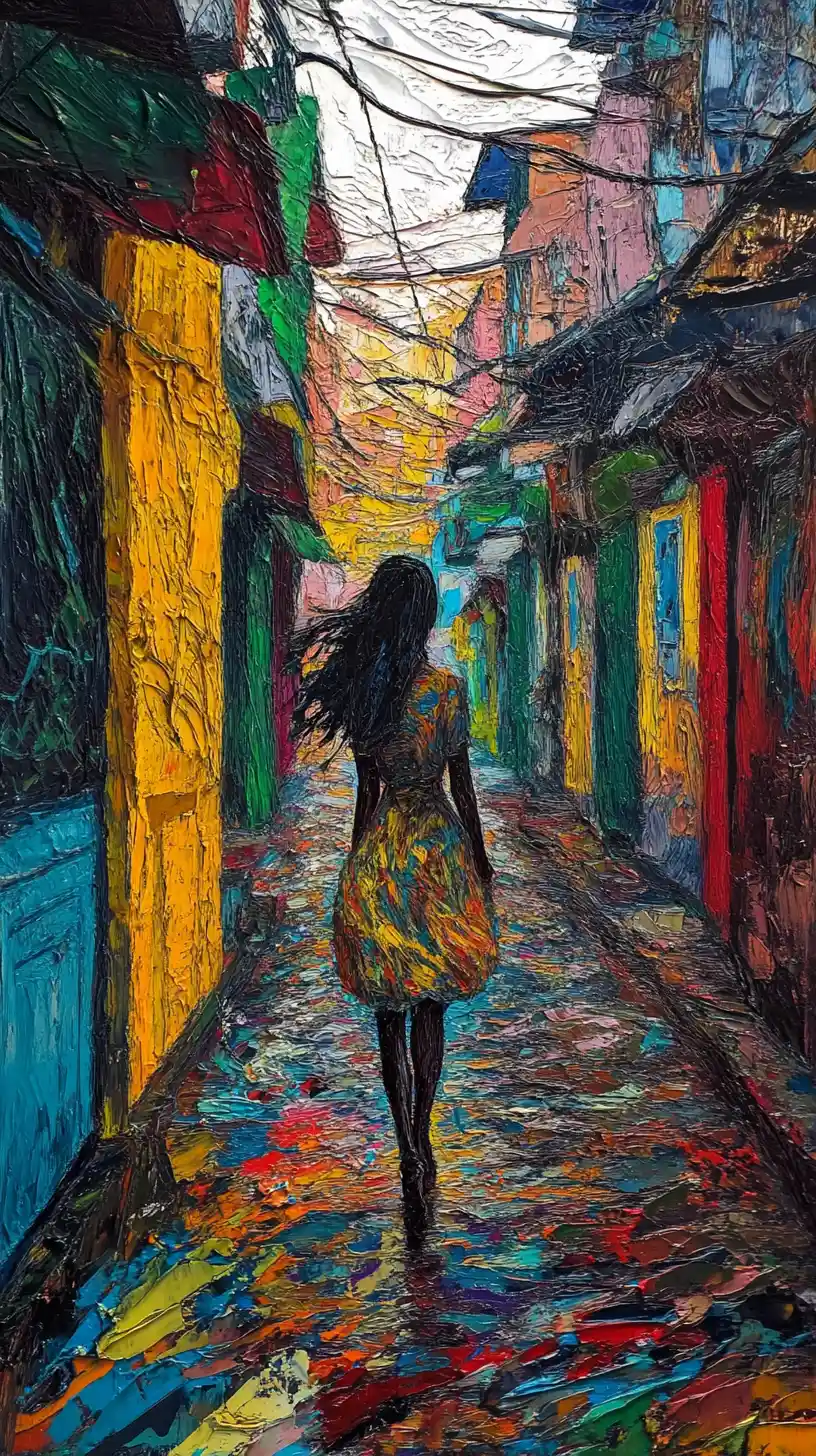 Donna surreale in impasto che cammina tra le vivide strade di Yogyakarta