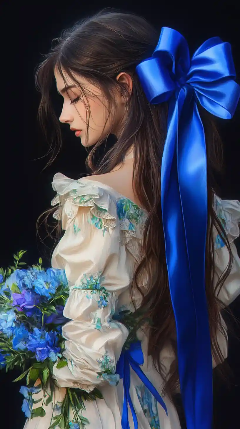 Melancholic anime girl with blue ribbon and flower bouquet